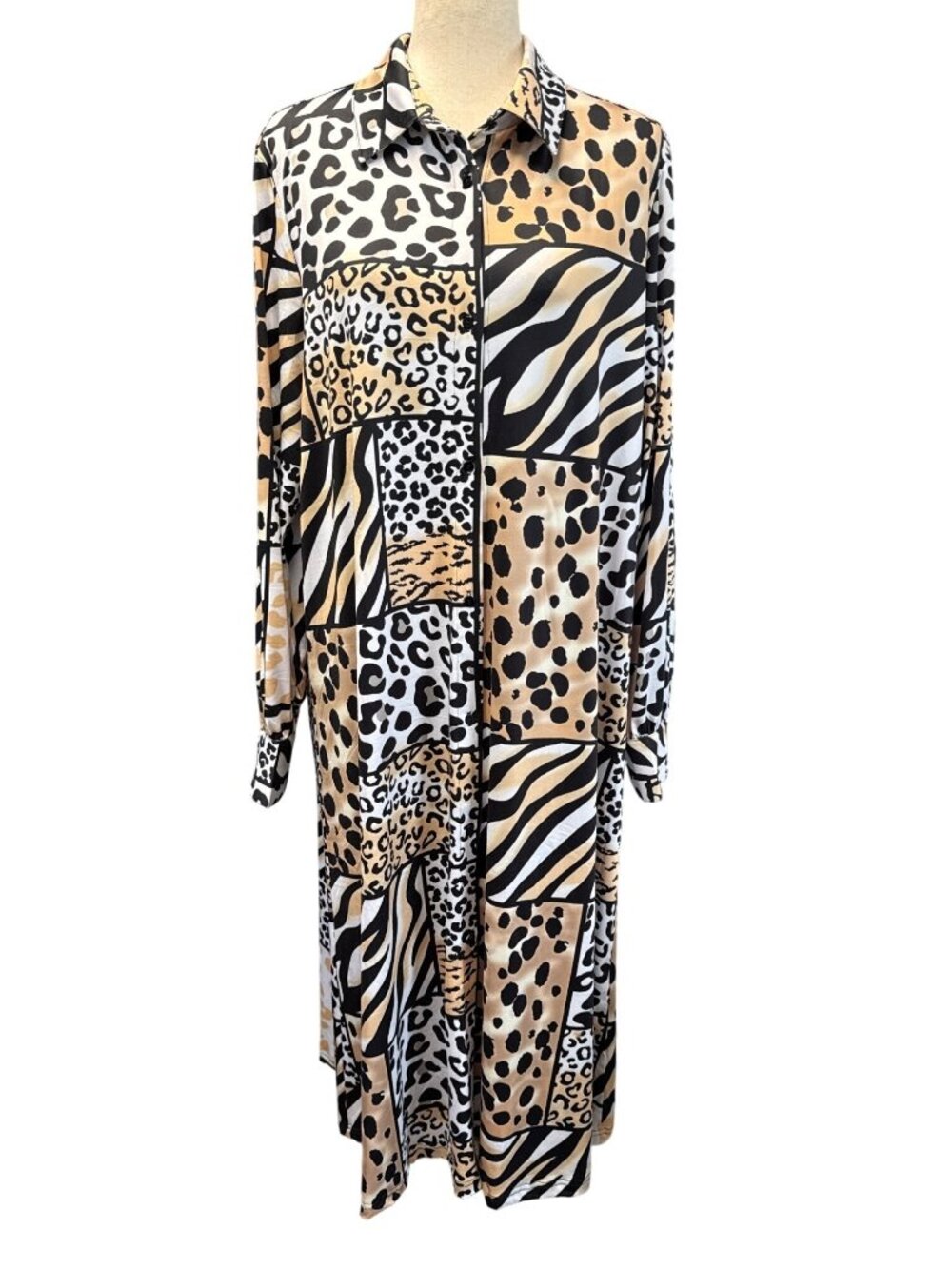 MOD X Animal Print Button-Up Long Sleeve Dress~Size L~Black Patchwork EUC L15 43